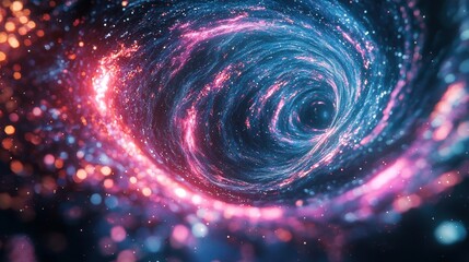 Obraz premium A mesmerizing cosmic vortex spirals into the depths of space, featuring vibrant hues of blue, pink, and orange. Glowing particles dance around the swirling galaxy in an infinite expanse