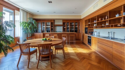 Wooden kitchen room with dining table and bar chairs, parquet floor. Kitchen open space room with bookshelf, wooden light furniture, 3D rendering no people