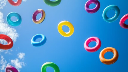 Three colorful rubber rings in a swimming pool. Inflatable summer accessory and sky, empty blue background. Concept of relax and holiday. Copy space. 3D rendering