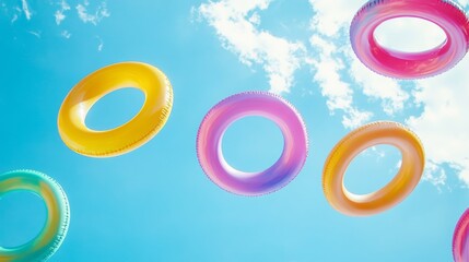 Obraz premium Three colorful rubber rings in a swimming pool. Inflatable summer accessory and sky, empty blue background. Concept of relax and holiday. Copy space. 3D rendering