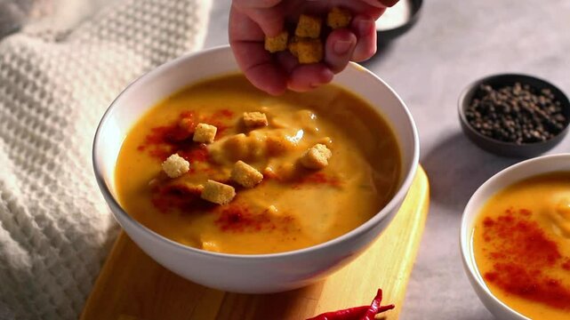 Woman adding rusks to pumpkin soup. Tasty homemade food. Served table with bowl of cream soup, chili pepper on wooden tray.