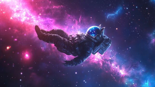 Cat in an astronaut suit floating in space