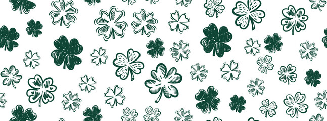 Clover pattern on white, Saint Patricks Day, hand drawn illustrations.