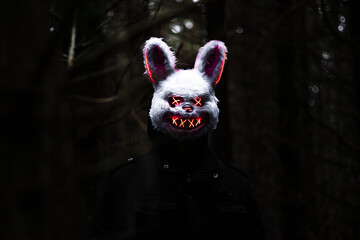 Terrifying LED Bunny Mask Figure Lurking in Dark Forest - Halloween Nightmare