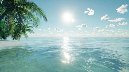 A calm tropical beach features tall palm trees framing the shore. Bright sunlight reflects off the crystal clear water, creating a peaceful atmosphere with gentle waves