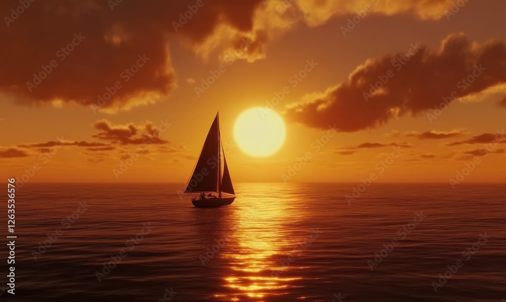 Sticker At sunset, a single sailboat drifts on the serene ocean, the sky ablaze and the sun's reflection dancing on the water's surface.