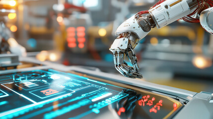 Naklejka premium robotic arm assembling product on automated production line, interacting with digital touchscreen interface in high tech industrial environment