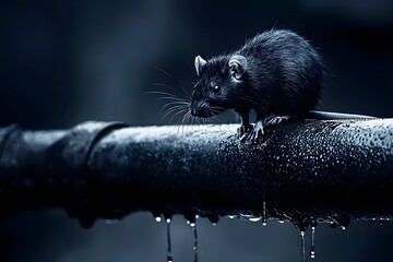 Rat on a Pipe: A lone rat, perched on a dripping metal pipe, its sleek, black fur gleaming in the dim light.