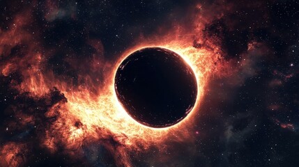 Obraz premium A solar eclipse occurs as the moon obscures the sun, surrounded by vibrant, fiery clouds and stars. The cosmic scene showcases the beauty of outer space