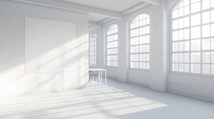 Modern office interior. White poster on wall. Mock up. CEO desk. City view, panoramic window. 3d rendering.