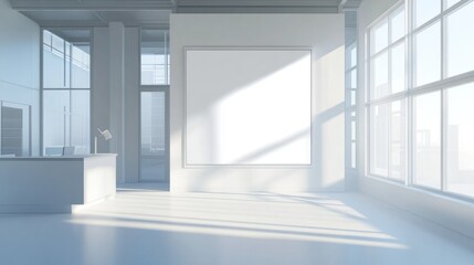 Fototapeta premium Modern office interior. White poster on wall. Mock up. CEO desk. City view, panoramic window. 3d rendering.