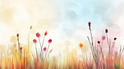 Obraz premium dreamy abstract meadow scene with layered textures and vivid colors, featuring delicate wildflowers swaying soft breeze pastel sky. artistic composition evokes sense of tranquility and warmth