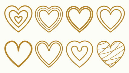A collection of hand-drawn golden hearts, showcasing various designs and styles that convey warmth and affection.
