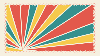 Fototapeta premium A vibrant retro design featuring sunburst lines in red, yellow, teal, and orange, creating an eye-catching geometric pattern.