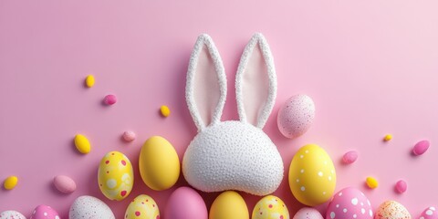 Colorful Easter decoration with bunny ears and assorted eggs on a pink background for festive celebration