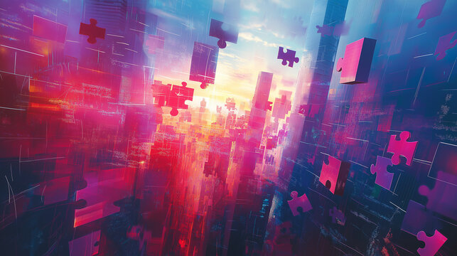 Mathematical symbols and formulas mixed with floating puzzle pieces