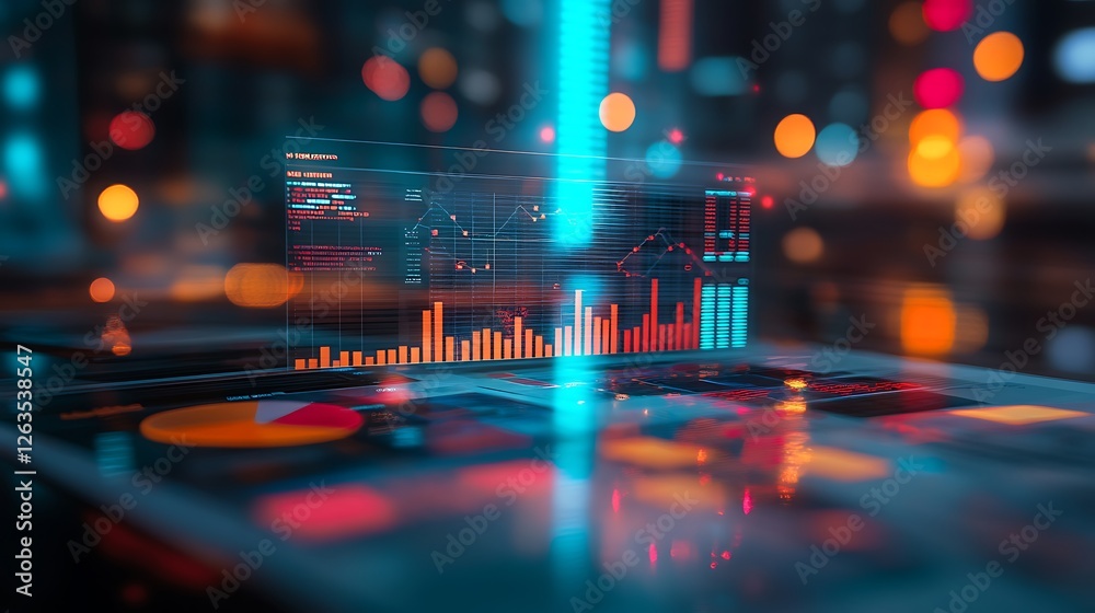 Aufkleber futuristic data analysis display with graphs and charts on a digital screen at night.