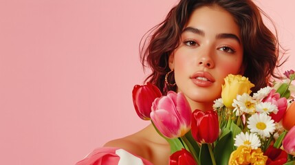 Fototapeta premium Young woman holds vibrant bouquet of flowers against pink background while showcasing natural beauty in a soft light setting