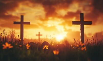 Crucifixion and Resurrection. Empty tomb of Jesus with crosses in the background. Easter or Resurrection concept