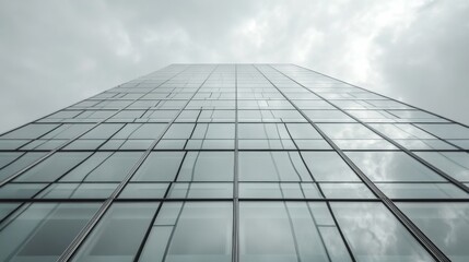 Fototapeta premium Low angle view of a modern skyscraper's glass facade against a cloudy sky. Possible use Architecture, business, city