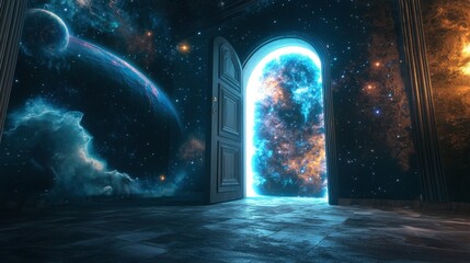 A doorway stands in an otherworldly room, leading to a breathtaking galaxy filled with stars, planets, and vibrant nebulae. The atmosphere combines mystery and wonder, inviting exploration