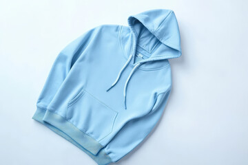 Stylish blue hoodie laid flat on light background for casual wear