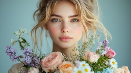 Fototapeta premium Young elegant woman holding a bouquet of colorful flowers against a soft background in a bright indoor setting