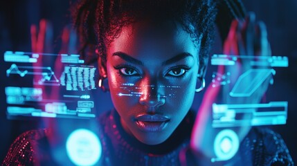 Woman with holographic data overlay, illuminated in blue and red lights, symbolizing advanced technology and innovation. Great for AI, cybersecurity themes.