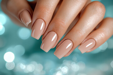 Elegant nude manicure showcasing perfectly polished nails against a sparkling background
