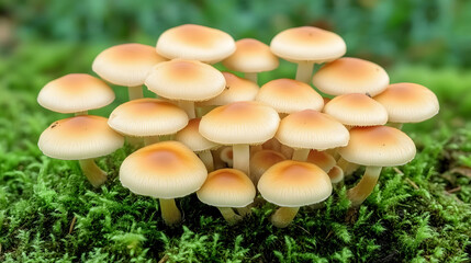 Fototapeta premium A group of brown mushrooms growing on mossy grass 