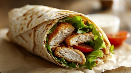 A crispy chicken wrap with lettuce, tomato, and ranch dressing