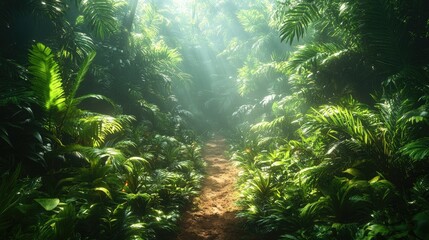 Fototapeta premium Sunlight Path Through Lush Tropical Jungle