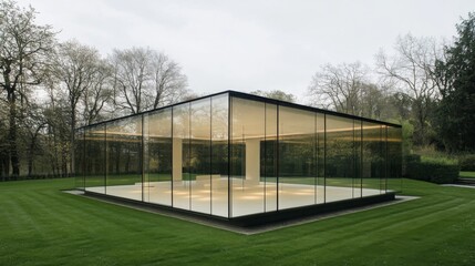Modern glass pavilion in park, serene setting, architectural photography, potential for display