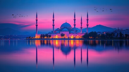 Fototapeta premium Serene Sunset at the Grand Mosque by the Lake