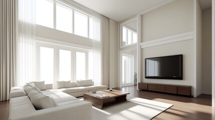 Modern living room with large windows. Interior design showcasing spaciousness and natural light. Suitable for real estate or home decor