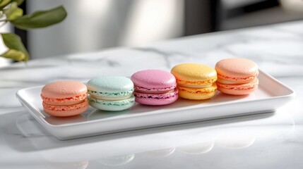 Fototapeta premium A plate holds five vibrant macarons in pastel hues, including pink, mint, purple, and yellow, displaying an enticing assortment of flavors. Sunlight enhances their colors