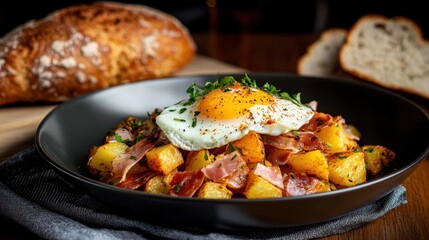 A hearty breakfast plate showcases a perfectly fried egg on top of seasoned crispy potatoes and ham. Freshly baked bread is visible, enhancing the warm atmosphere