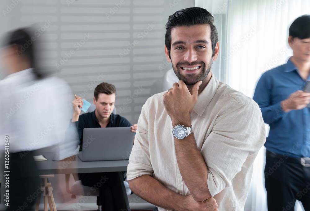 Poster confidence and happy smiling businessman portrait with blur motion background of his colleague and b