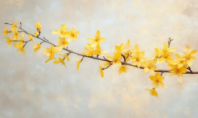 Bright yellow flower branch set against a soft pastel background, highlighting delicate textures and the vibrancy of nature.