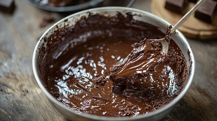   A spoon in a bowl with chocolate on top; another spoon in the same bowl with chocolate on top