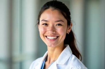 Large portrait of a young female doctor in a lab coat.