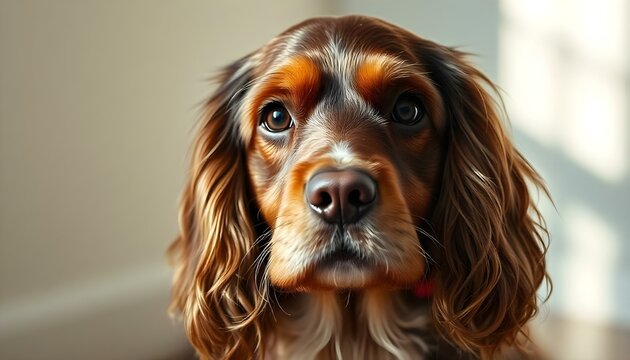 Close up of Cocker Spaniel with expressive eyes and rich fur texture in warm light