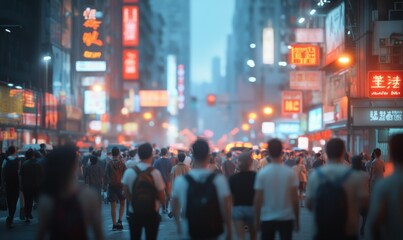 Busy urban street filled with people walking in different directions, soft blurred background, vibrant streetlights, and dynamic crowd movement, city life theme