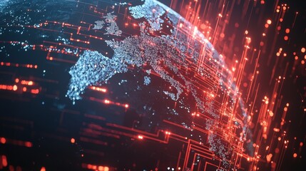Digital globe with red circuit overlays and glowing connections represents global connectivity. Use for technology, international business, and network security visuals.