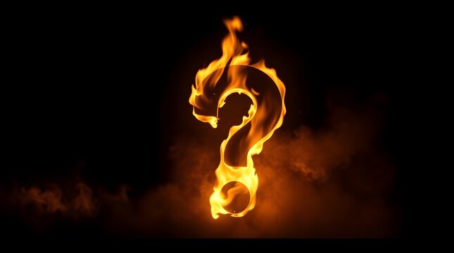 a question mark on fire, large space for copy