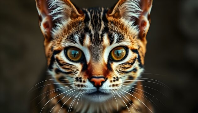 Cheetoh cat with bold coat pattern and intense gaze in warm soft lighting