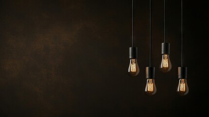   Light bulbs dangling from a ceiling lamp illuminate a dark space with a black wall as the backdrop