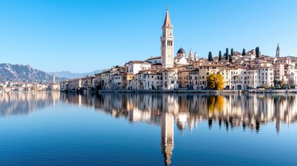 Naklejka premium Italian Lakeside Town reflected in still water, sunny morning