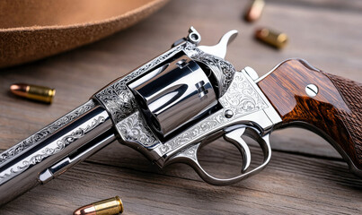 Detailed Silver Revolver with Engraved Design and Wooden Grip on Rustic Wooden Surface Surrounded by Bullets