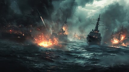 Fototapeta premium An intense naval conflict unfolds with multiple ships engaged in battle under ominous skies. Explosions erupt, illuminating the dark waters and creating a chaotic atmosphere